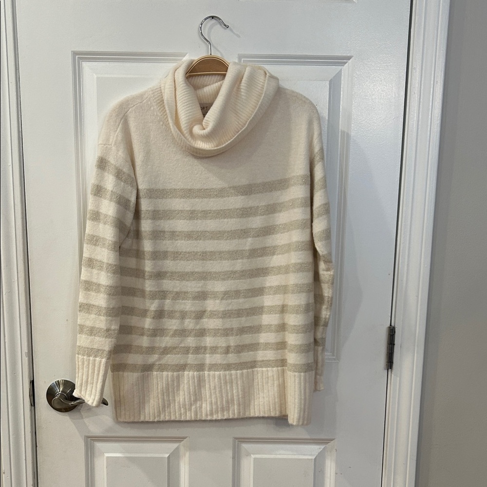 LOFT Cream and Gray Striped Turtleneck Sweater